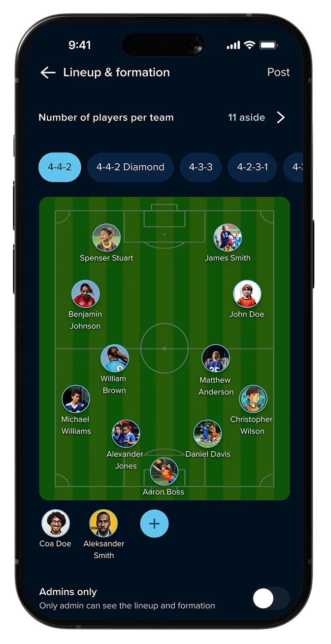 Clubbie Team Hub lineup and formation editor.