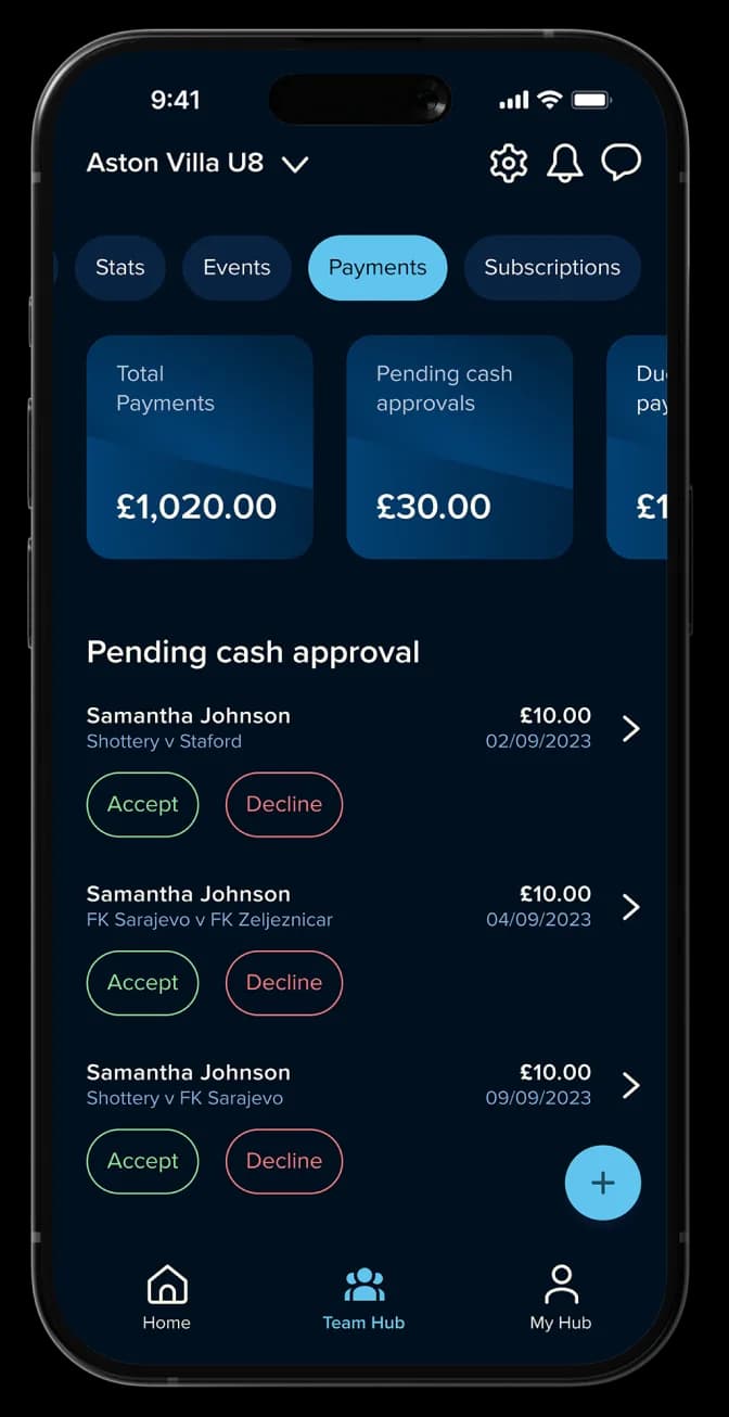 Clubbie Team Hub payments view with totals and pending cash approvals.