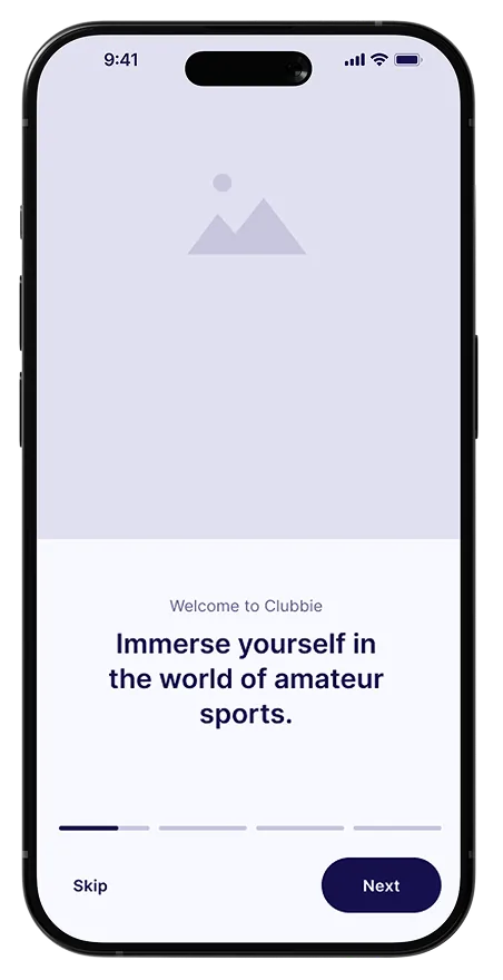 Clubbie mobile onboarding wireframe introducing the amateur sports experience.