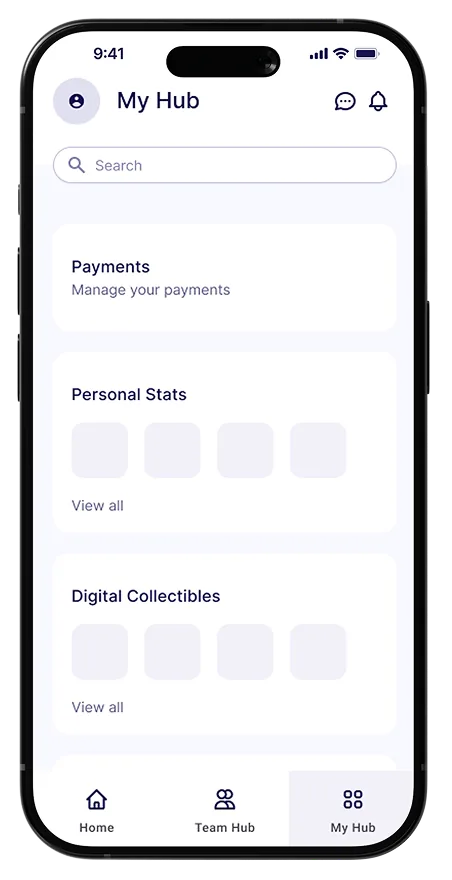 Clubbie mobile wireframe showing an early personal Hub flow.