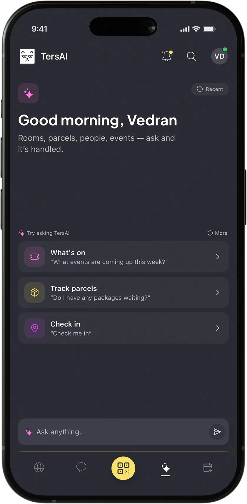 TersAI home screen with suggested prompts for events, parcels, and check-in.