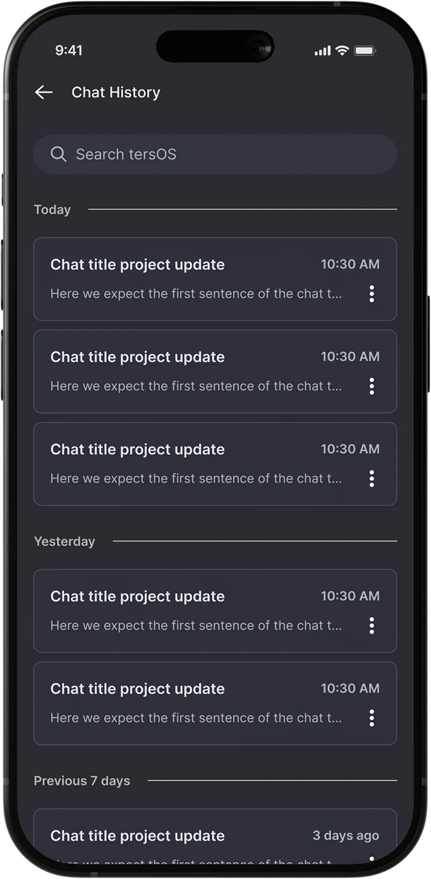 TersAI chat history organized by today, yesterday, and the previous seven days.