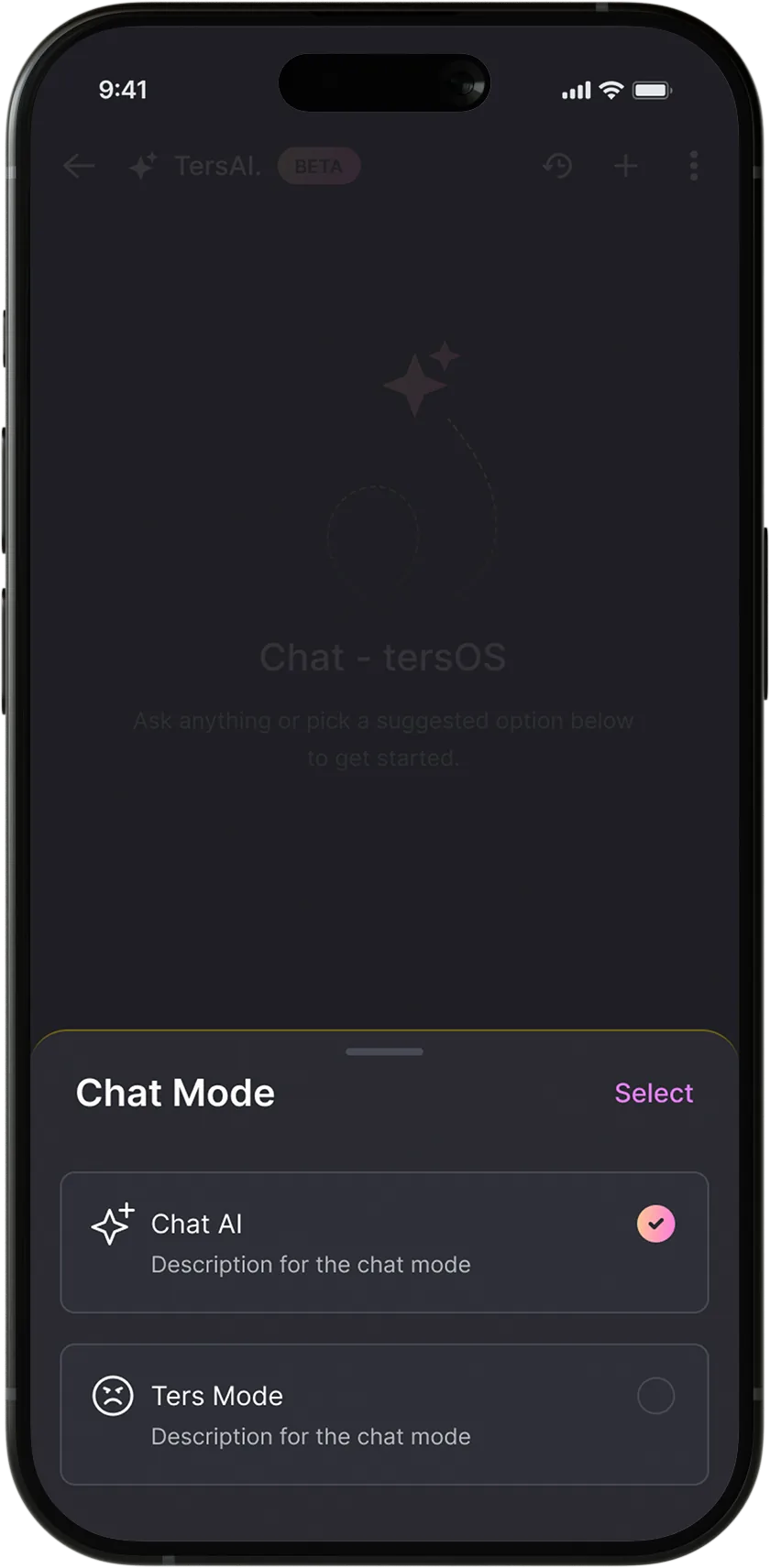 TersAI chat mode selector with Chat AI and Ters Mode options.