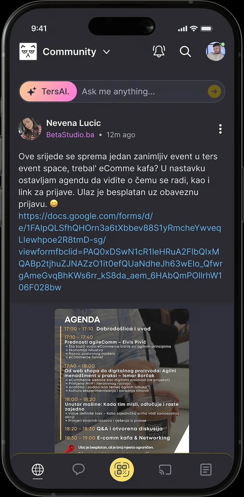tersOS community feed with a prominent TersAI ask-anything shortcut.