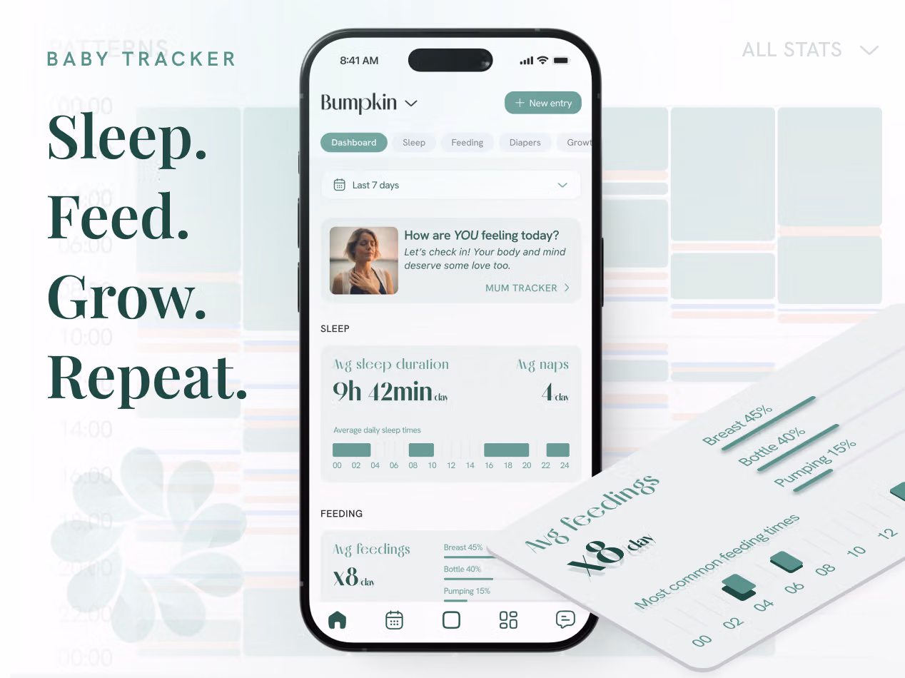 Carea baby tracker screens for sleep, feeding, diapers, growth, and a seven-day summary.
