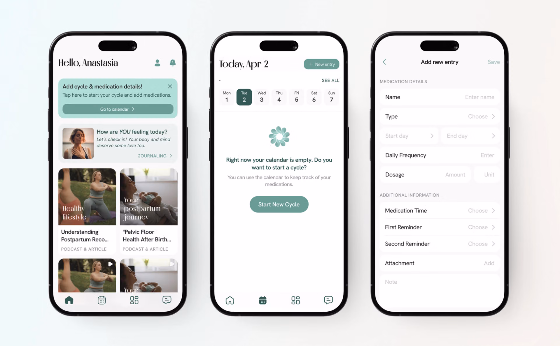 A set of Carea mobile screens presenting several maternal-health journeys within one visual system.