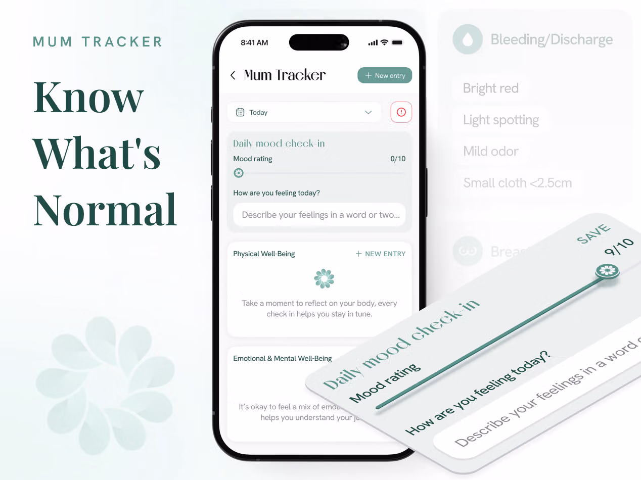 Carea Mum Tracker screens moving from a daily mood check-in into physical and emotional wellbeing.