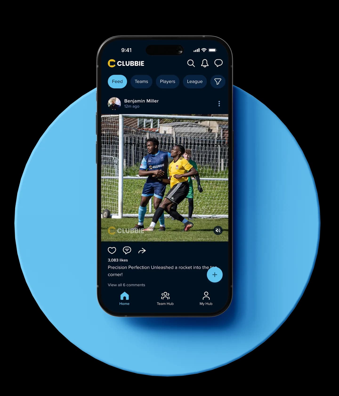 A Clubbie Social Hub feed displaying a shared grassroots football highlight.