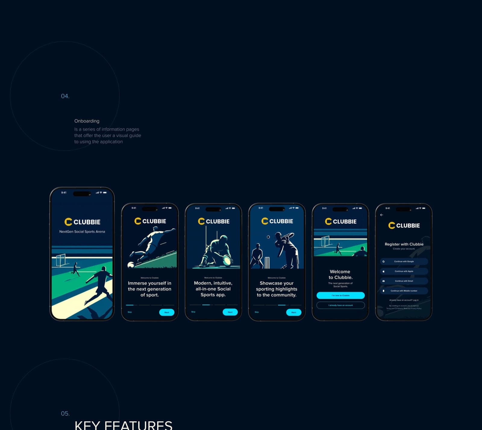 A sequence of Clubbie mobile onboarding screens for grassroots sports users.