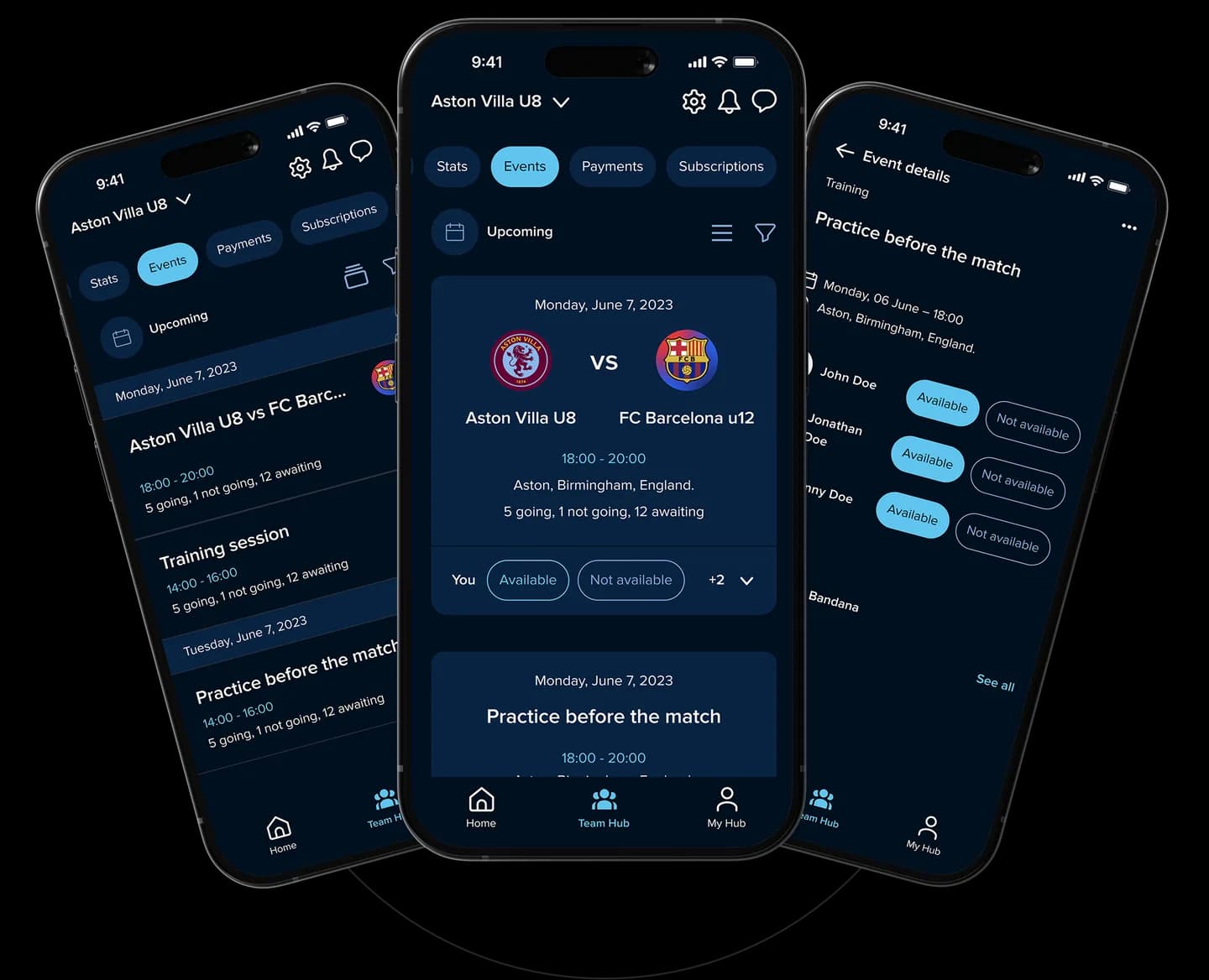 Clubbie Team Hub overview showing events, member availability, lineups, subscriptions, and payment approvals.