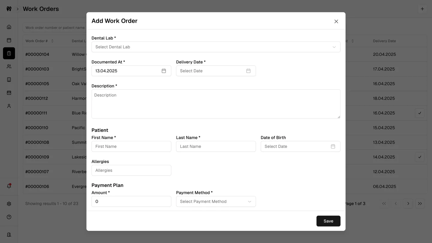 The DentaSync add-work-order form for lab, dates, description, patient, and payment details.