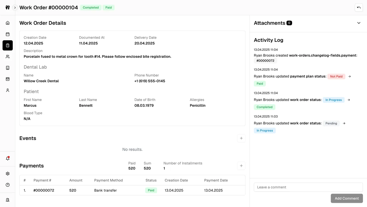 A DentaSync work-order detail with patient information, payments, comments, and an activity log.