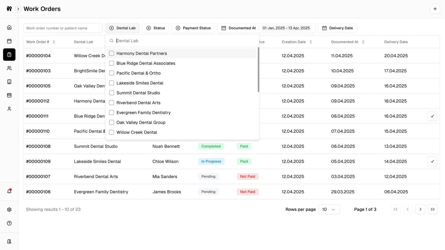 The DentaSync work-order list with dental-lab, status, payment, documentation, and delivery filters.