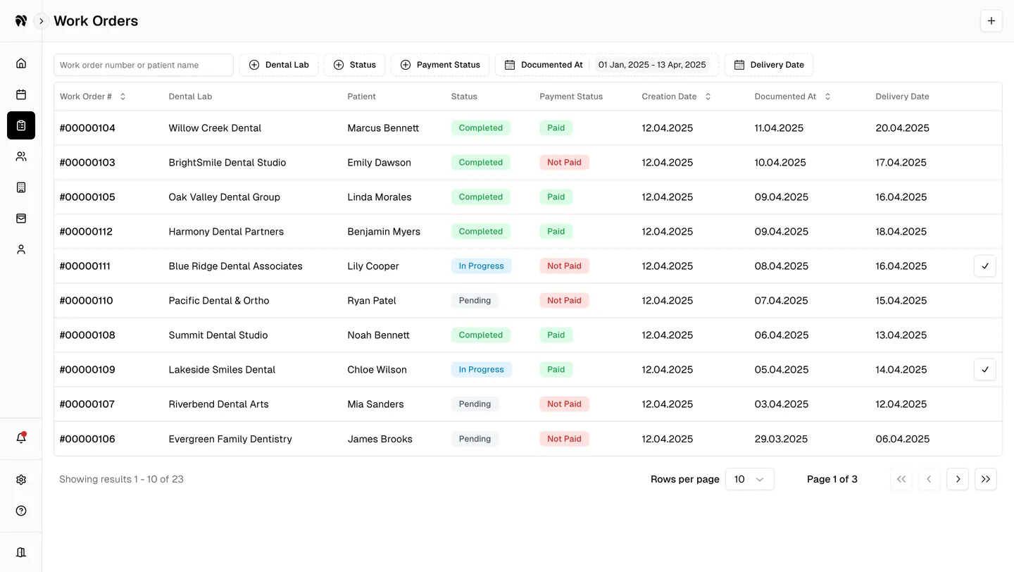 The DentaSync work-order table showing production and payment statuses for each case.