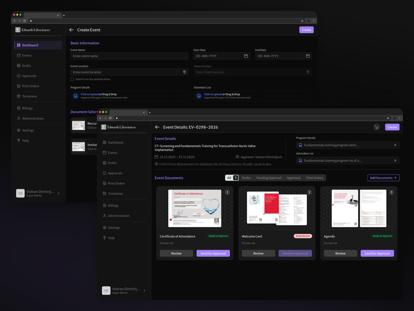 Layered Edwards screens for creating an event and managing the resulting event document workspace.