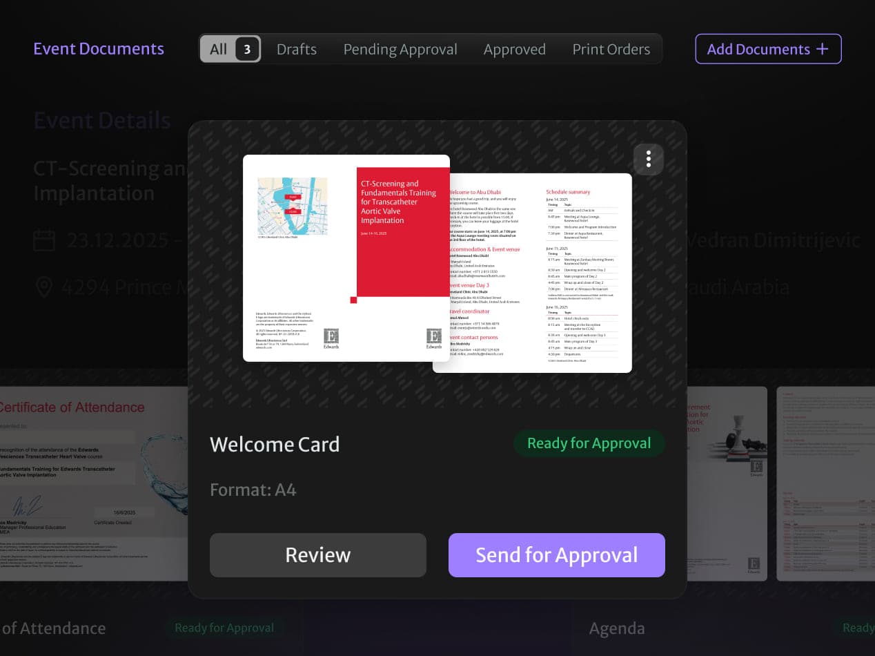 An Edwards event document preview with review and send-for-approval actions.