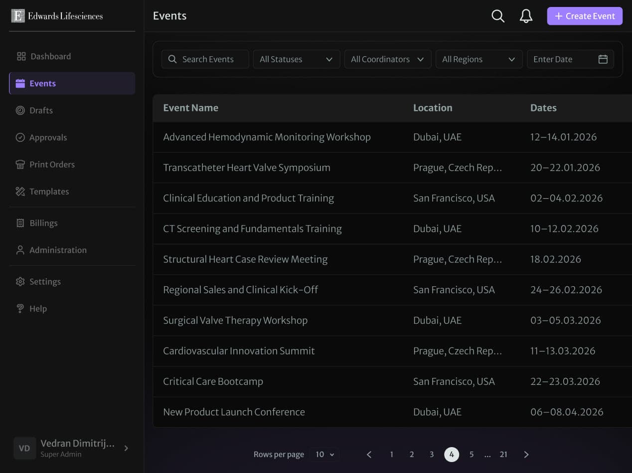 An Edwards event list with filters for status, coordinator, region, and date.