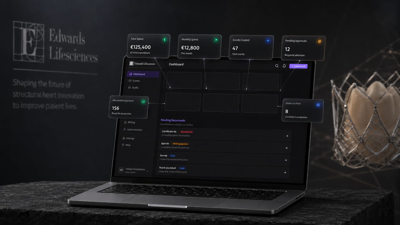 The Edwards event operations dashboard presented on a laptop with summary cards around it.