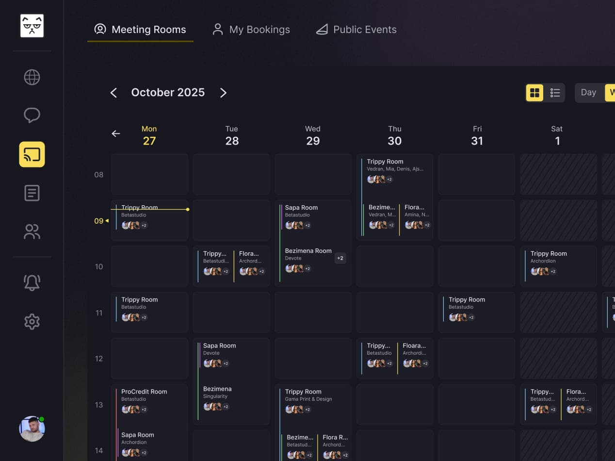 A weekly tersOS calendar showing meeting-room bookings, availability, and booking details.
