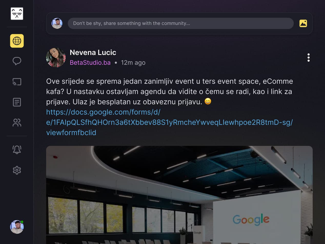 The tersOS desktop community feed with member posts, comments, events, and spaces.
