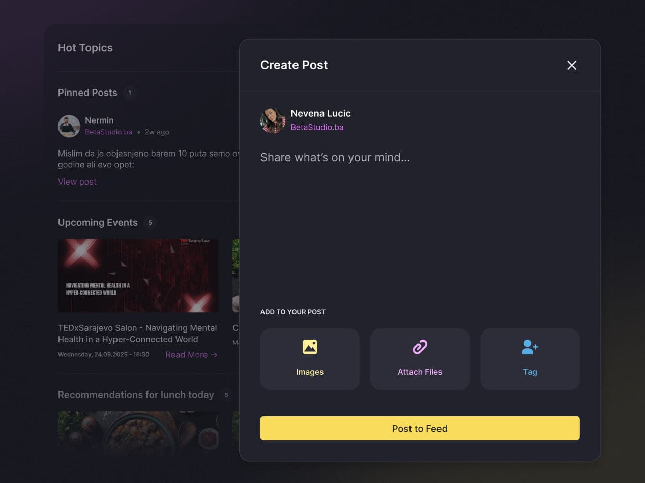 The tersOS create-post dialog with text, image, file, and tag controls.