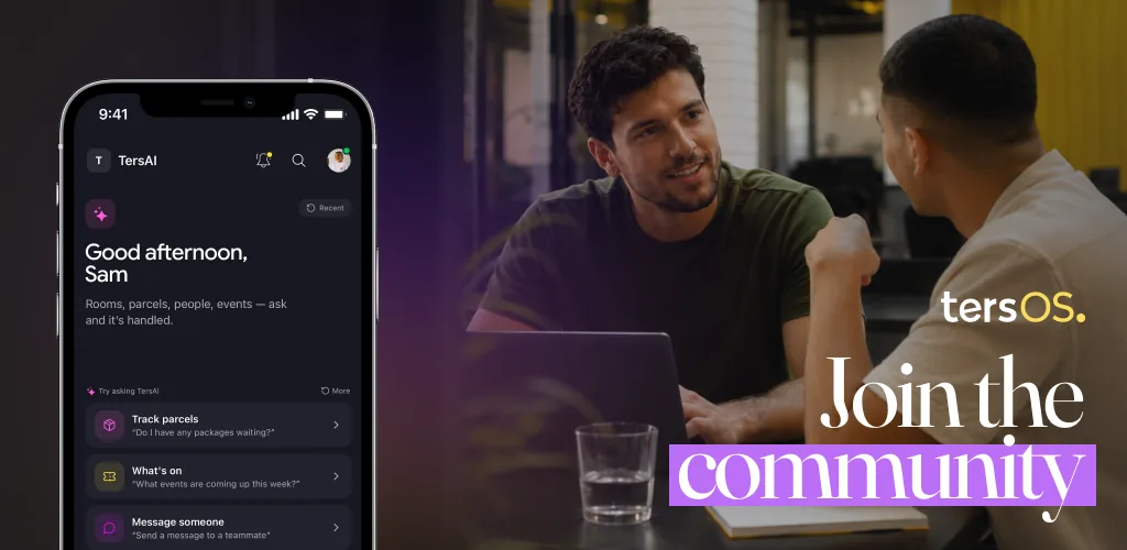 The TersAI mobile interface beside two coworkers and the tersOS Join the community message.