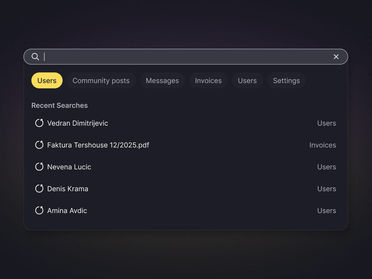 The tersOS global search displaying grouped results for people, posts, messages, invoices, and settings.