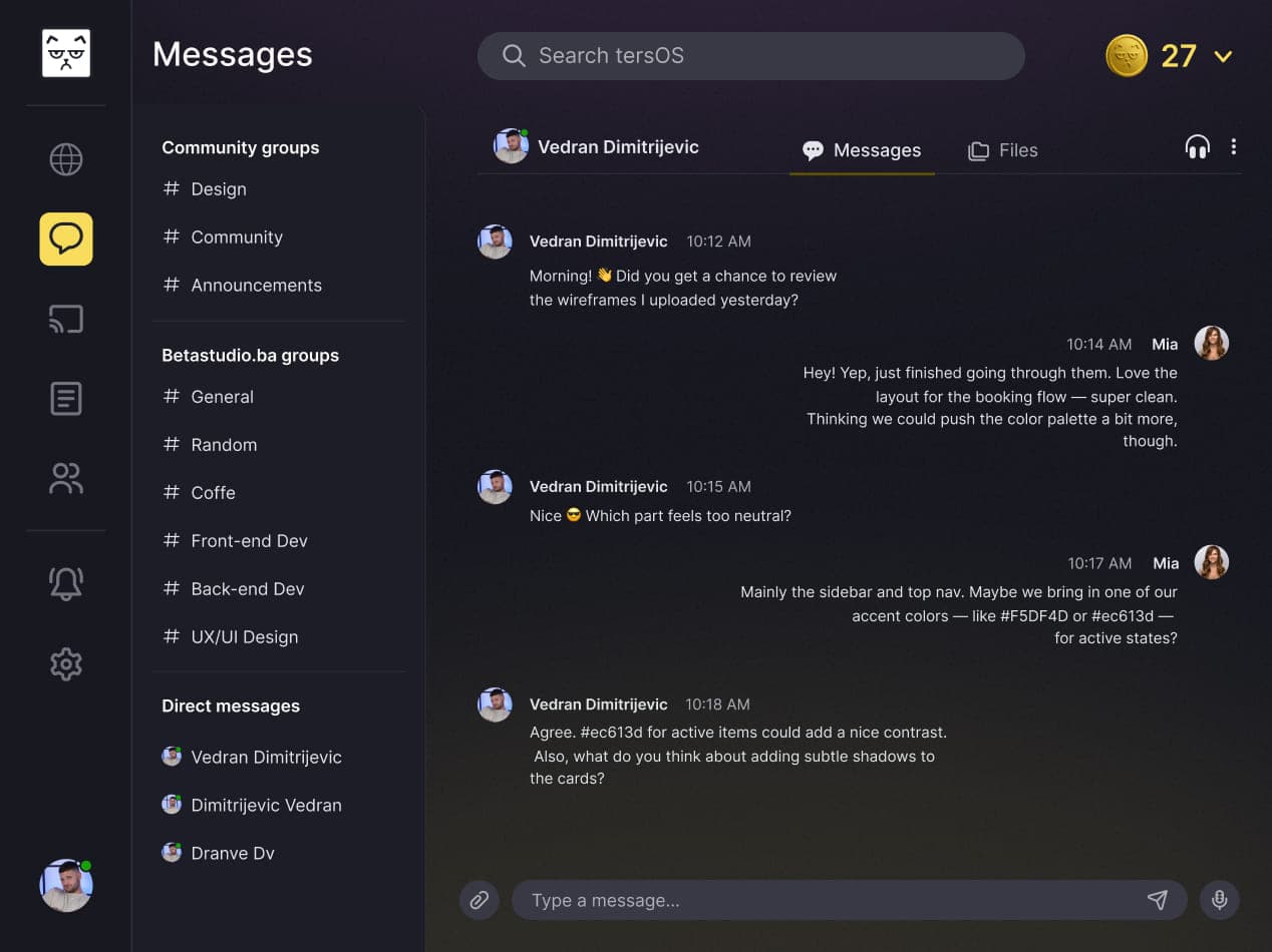 The tersOS messaging interface with group channels, direct messages, and an active conversation.