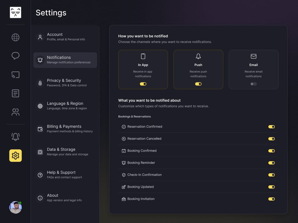 The tersOS notification settings for community, workspace, meetings, and messaging activity.