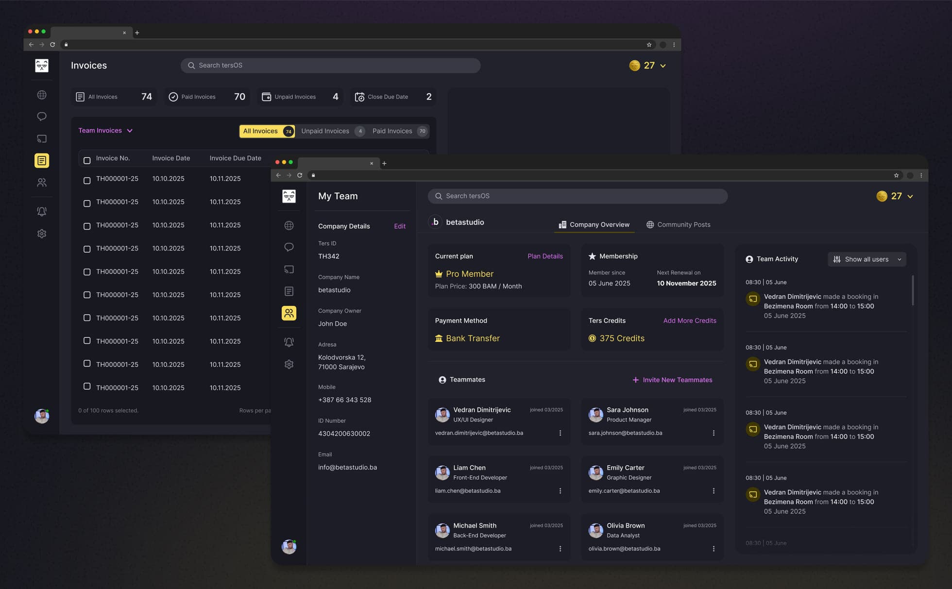 Layered tersOS dashboards showing invoices and team administration.